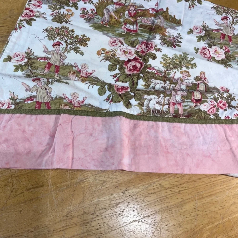 Vtg Handmade Standard Pillowcase Set 2 Toile Floral Pastoral Pink Green Cotton
